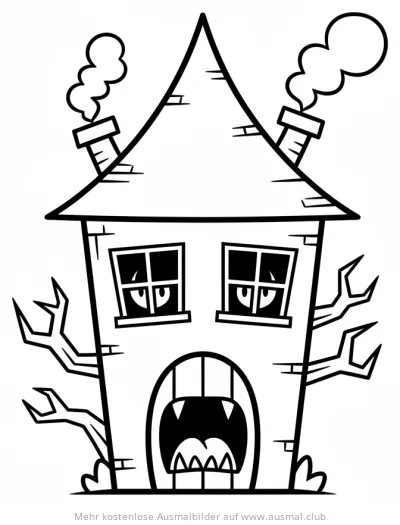 Cartoon Spukhaus Ausmalbild mit grinsendem Mund und finsteren Augen