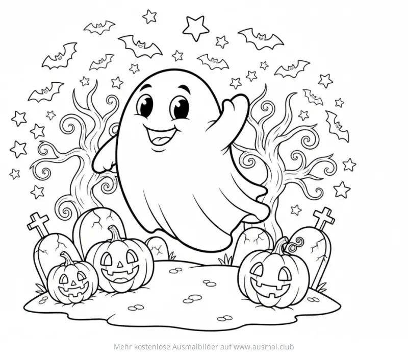 Freundlicher Geist auf Halloween-Friedhof mit Kürbissen, Grabsteinen und Fledermäusen Ausmalbild