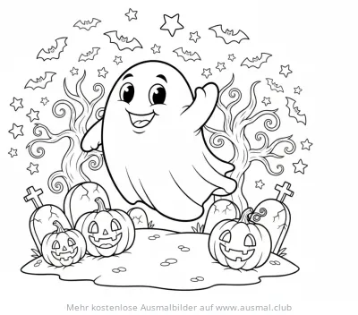 Freundlicher Geist auf Halloween-Friedhof mit Kürbissen, Grabsteinen und Fledermäusen Ausmalbild