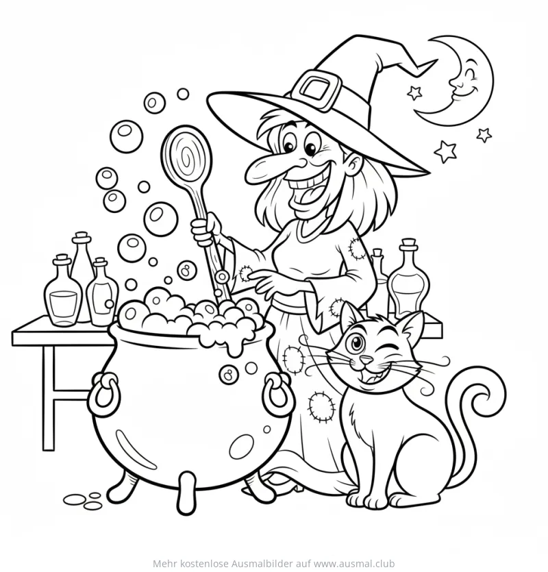 Hexe braut Zaubertrank mit Katze Ausmalbild
