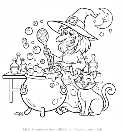 Hexe braut Zaubertrank mit Katze Ausmalbild
