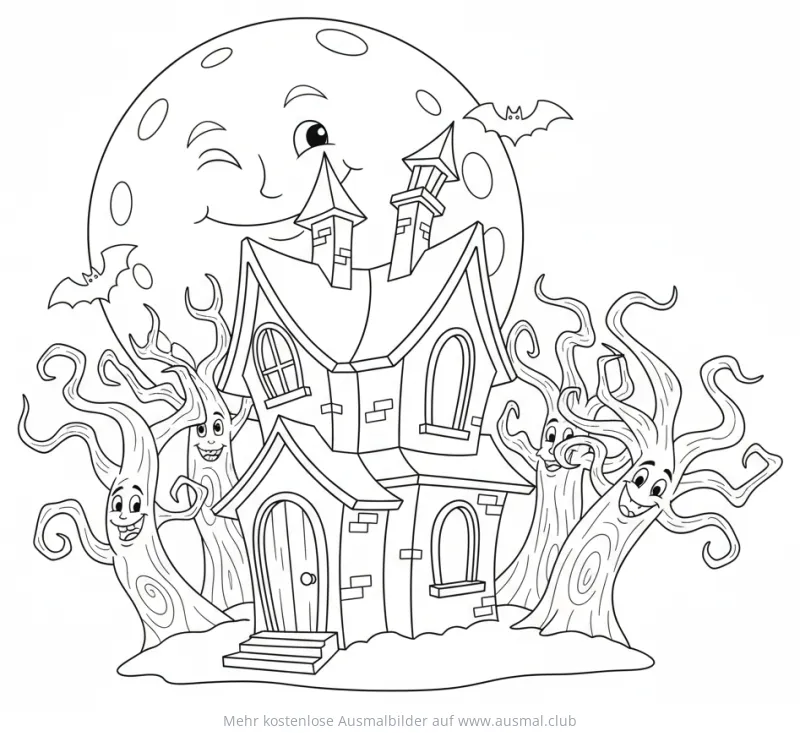 Spukhaus mit lachendem Mond und Bäumen Ausmalbild
