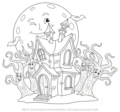 Spukhaus mit lachendem Mond und Bäumen Ausmalbild
