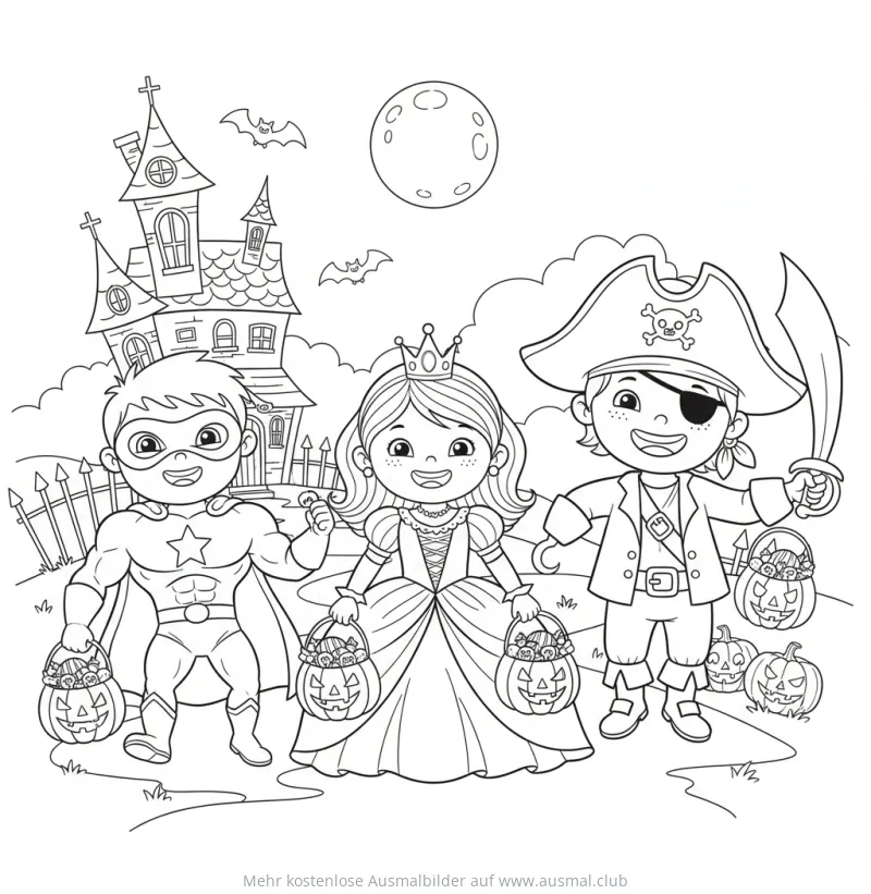 Kinder in Halloween Kostümen (Superheld, Prinzessin, Pirat) mit Kürbis-Sammeltaschen Ausmalbild