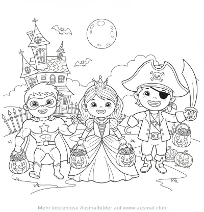 Kinder in Halloween Kostümen (Superheld, Prinzessin, Pirat) mit Kürbis-Sammeltaschen Ausmalbild