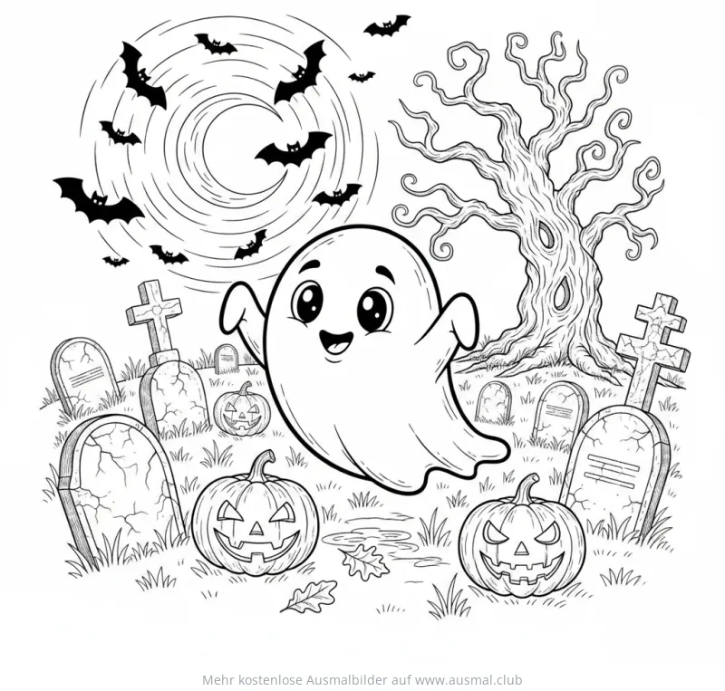 Freundlicher Geist auf Friedhof mit Kürbissen und Fledermäusen Ausmalbild