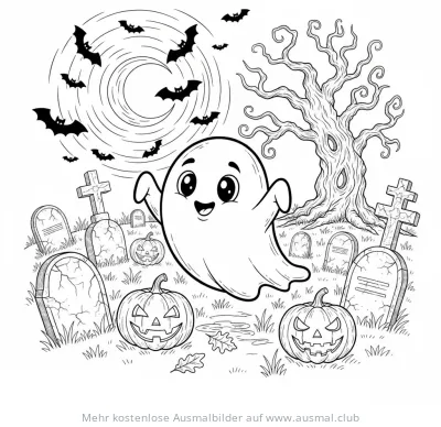 Freundlicher Geist auf Friedhof mit Kürbissen und Fledermäusen Ausmalbild