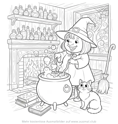 Hexe rührt im Kessel Ausmalbild mit Katze und Kamin
