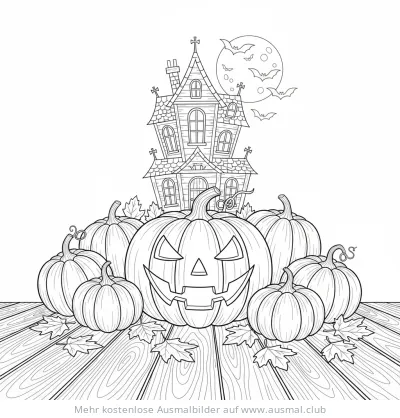 Halloween Ausmalbild mit Kürbissen, Spukhaus und Fledermäusen