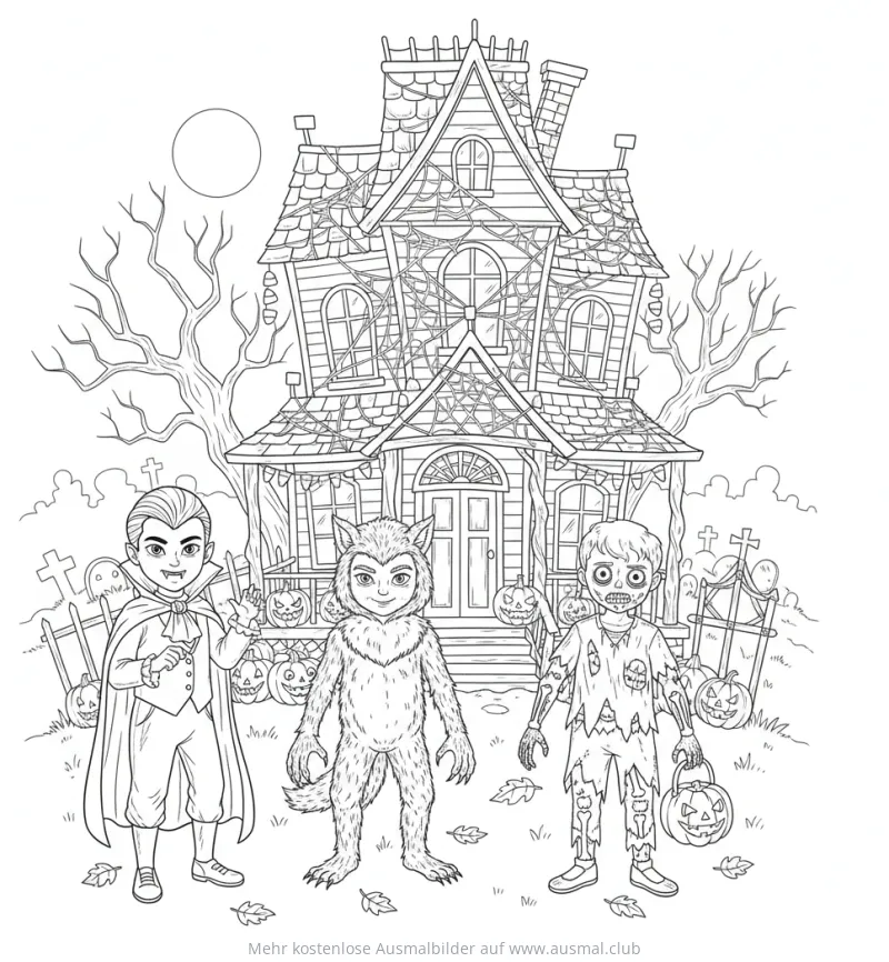 Halloween Trickortreat Ausmalbild mit Vampir, Werwolf und Zombie vor Spukhaus