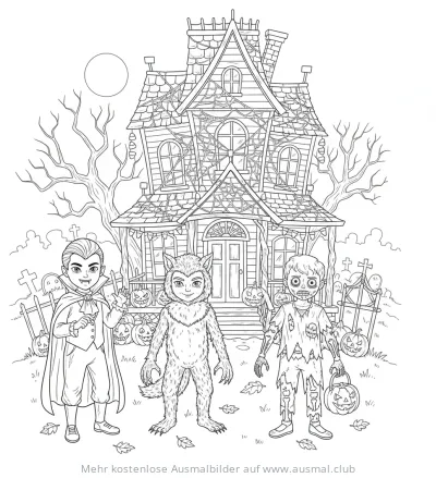 Halloween Trickortreat Ausmalbild mit Vampir, Werwolf und Zombie vor Spukhaus