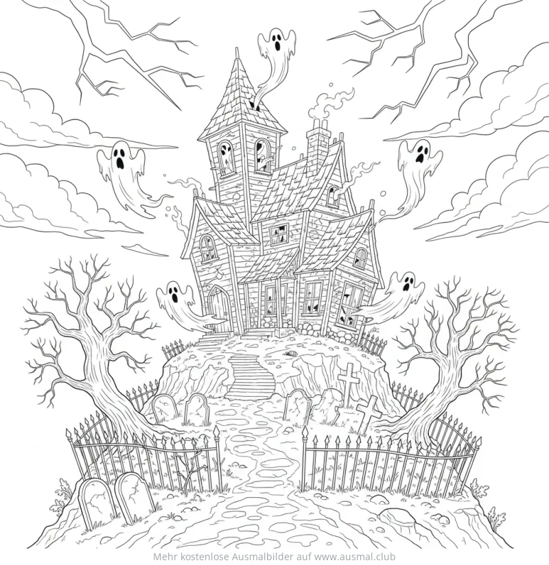 Spukhaus mit Geistern Ausmalbild