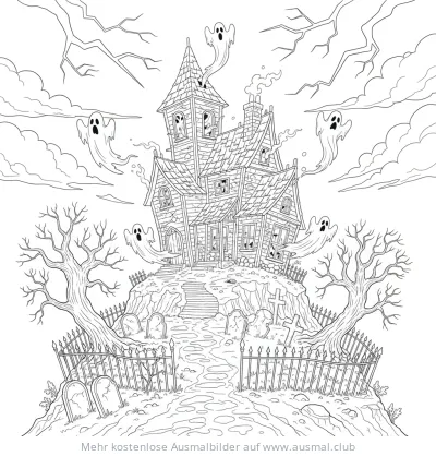 Spukhaus mit Geistern Ausmalbild