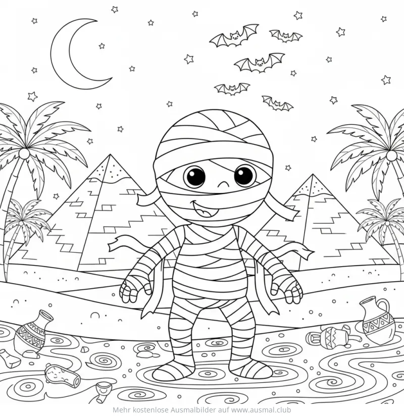 Freundliche Mumie vor Pyramiden, Halloween Ausmalbild