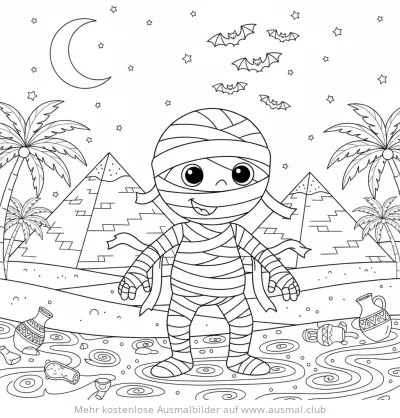 Freundliche Mumie vor Pyramiden, Halloween Ausmalbild