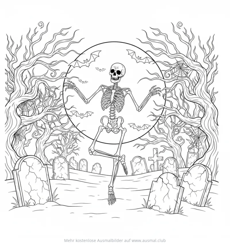 Tanzendes Skelett Ausmalbild auf Friedhof mit Fledermäusen und Bäumen
