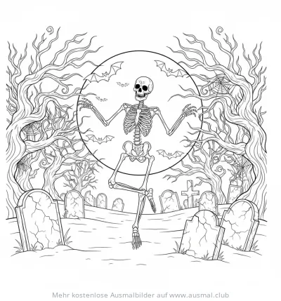 Tanzendes Skelett Ausmalbild auf Friedhof mit Fledermäusen und Bäumen