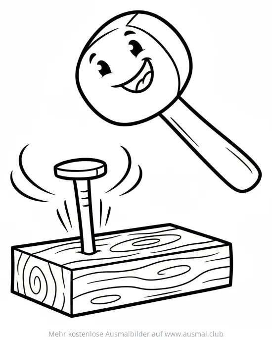 Freundlicher Hammer schlägt Nagel in Holz Ausmalbild