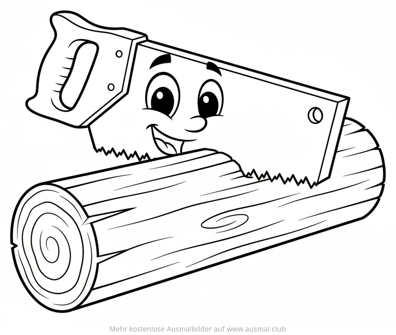 Freundliche Säge sägt Holzstamm Ausmalbild