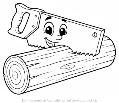 Freundliche Säge sägt Holzstamm Ausmalbild