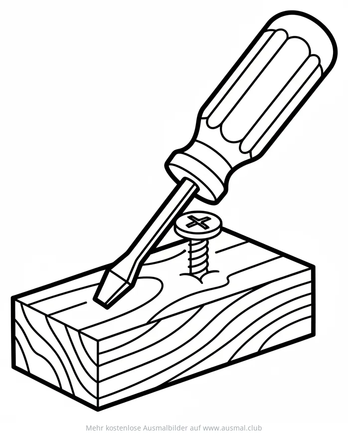 Schraubenzieher dreht Schraube in Holz Ausmalbild