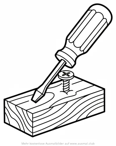 Schraubenzieher dreht Schraube in Holz Ausmalbild