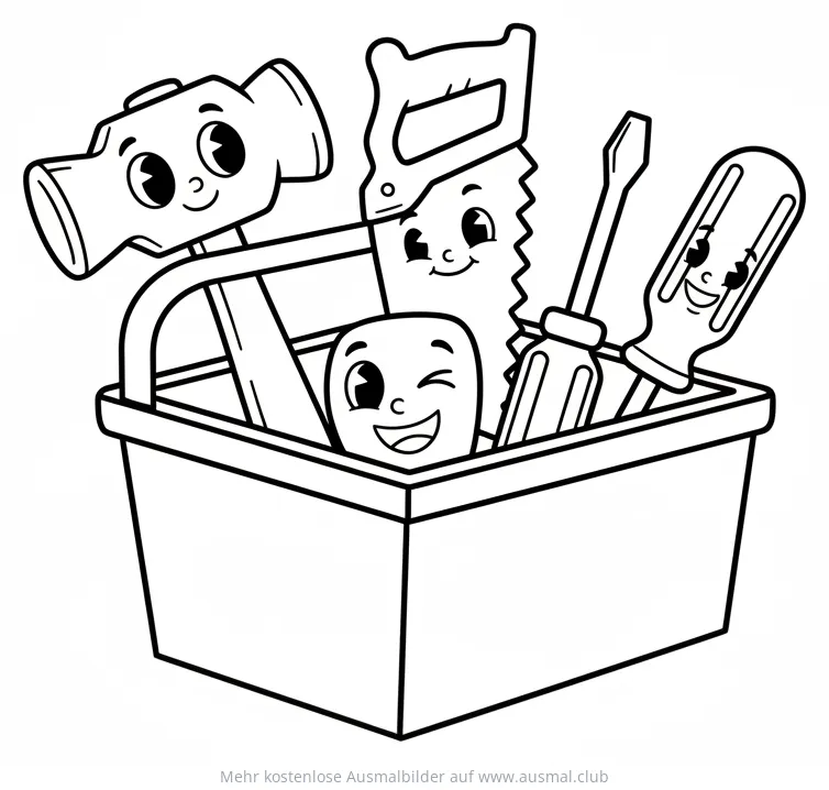 Werkzeugkoffer mit Hammer, Säge und Schraubenzieher Ausmalbild
