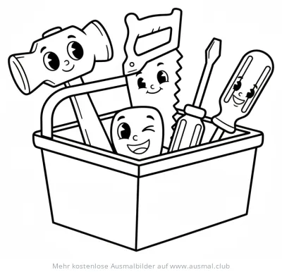 Werkzeugkoffer mit Hammer, Säge und Schraubenzieher Ausmalbild