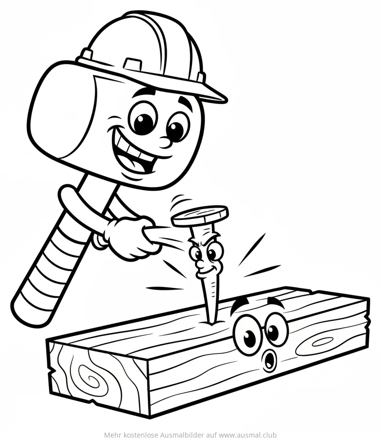 Cartoon Hammer schlägt Nagel in Holzbrett Ausmalbild