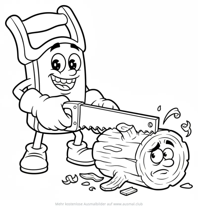 Cartoon Säge beim Sägen eines Baumstamms Ausmalbild