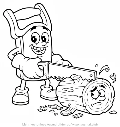 Cartoon Säge beim Sägen eines Baumstamms Ausmalbild