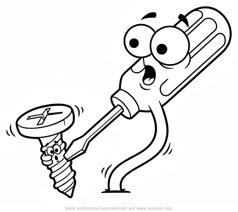 Cartoon Schraubenzieher zieht Schraube an Ausmalbild