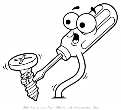 Cartoon Schraubenzieher zieht Schraube an Ausmalbild