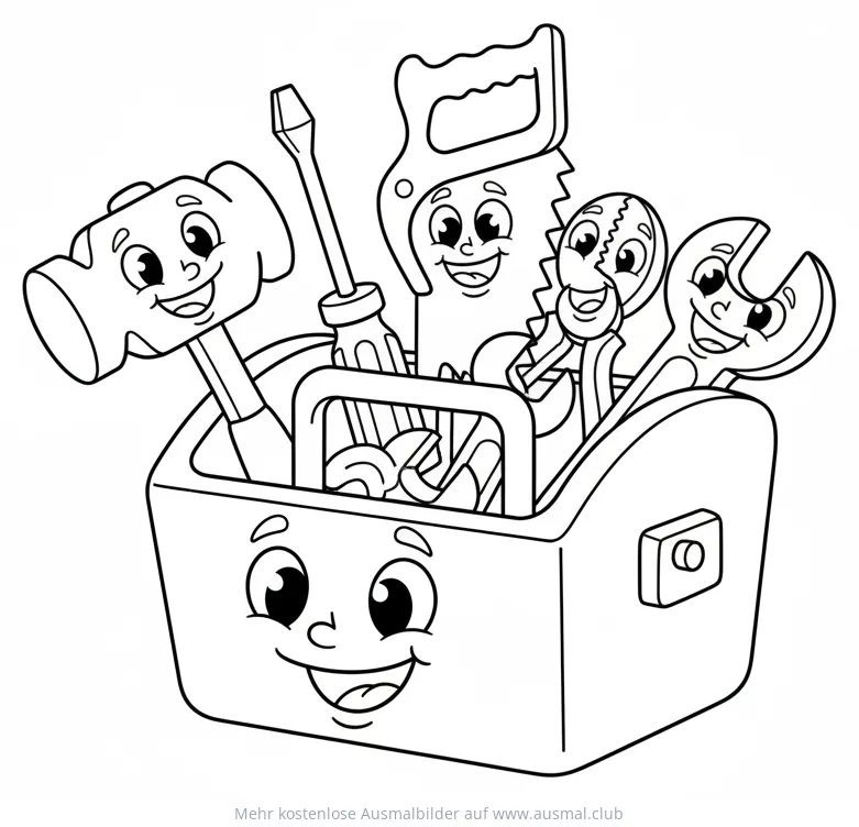 Werkzeugkiste mit Hammer, Säge und Schraubenzieher Ausmalbild