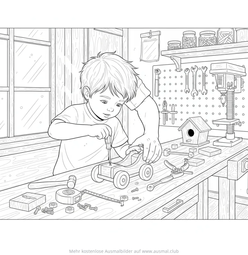 Junge schraubt mit Schraubenzieher an Holzauto Ausmalbild