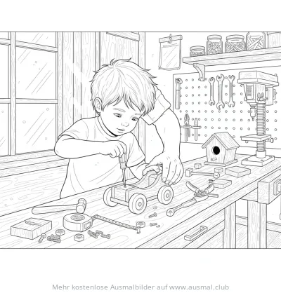 Junge schraubt mit Schraubenzieher an Holzauto Ausmalbild