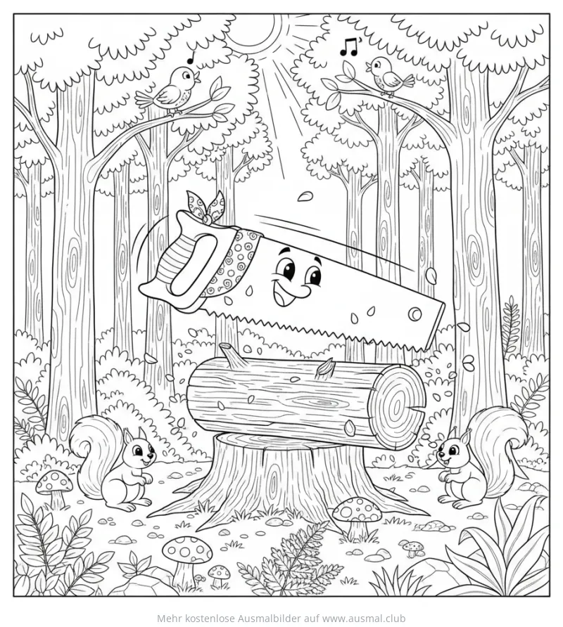 Freundliche Säge schneidet Baumstamm im Wald Ausmalbild