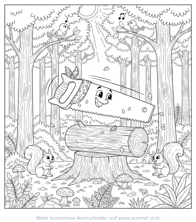 Freundliche Säge schneidet Baumstamm im Wald Ausmalbild