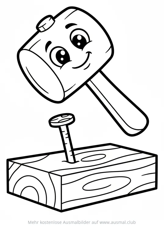 Lustiges Hammer Ausmalbild mit Nagel und Holzblock