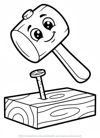 Lustiges Hammer Ausmalbild mit Nagel und Holzblock