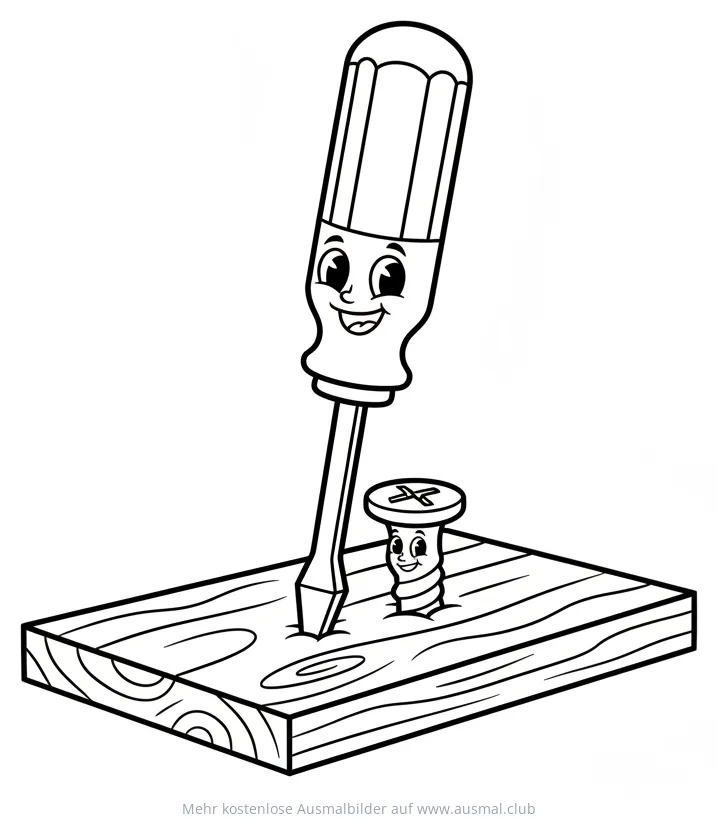 Schraubenzieher und Schraube mit Gesichtern Ausmalbild