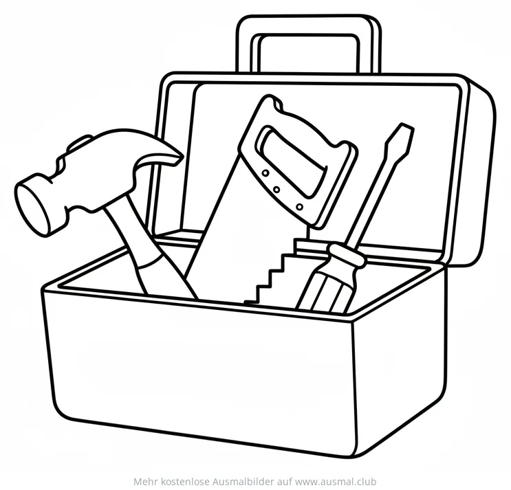 Werkzeugkiste mit Hammer, Säge und Schraubenzieher Ausmalbild