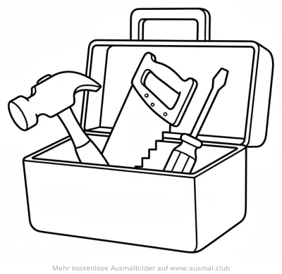 Werkzeugkiste mit Hammer, Säge und Schraubenzieher Ausmalbild