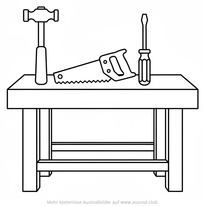 Werkbank Ausmalbild mit Hammer, Säge und Schraubenzieher
