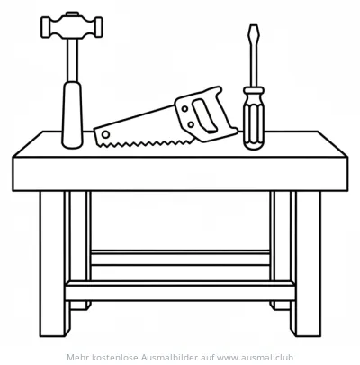 Werkbank Ausmalbild mit Hammer, Säge und Schraubenzieher