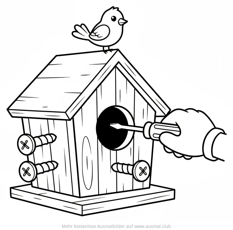 Vogelhaus mit Schraubenzieher und Vogel Ausmalbild