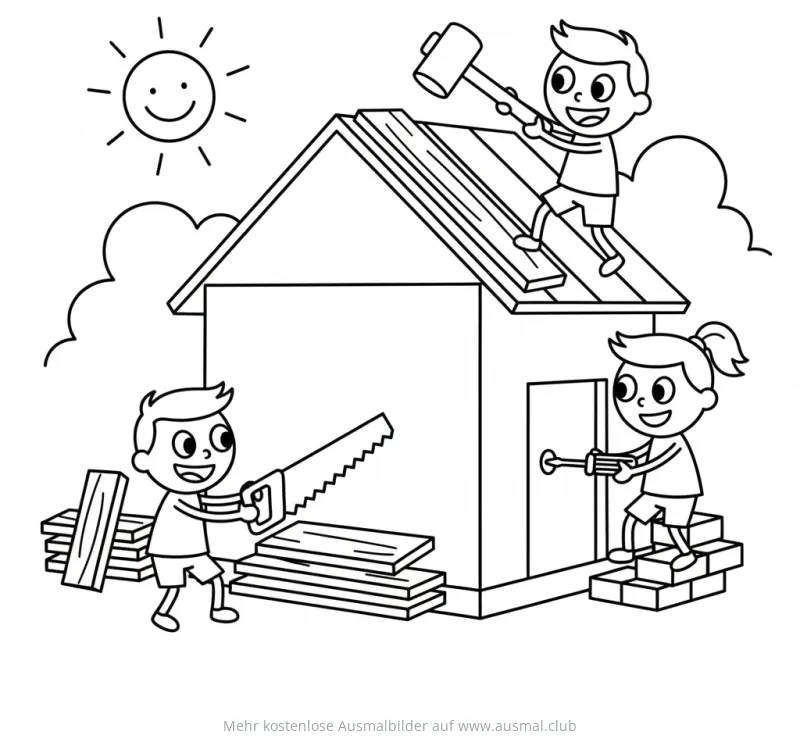 Kinder bauen Haus mit Hammer, Säge und Schraubenzieher Ausmalbild