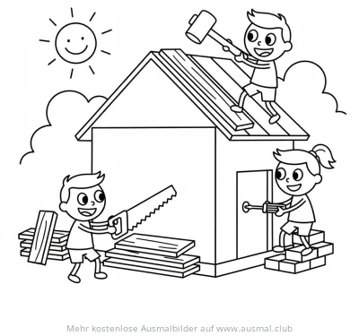 Kinder bauen Haus mit Hammer, Säge und Schraubenzieher Ausmalbild