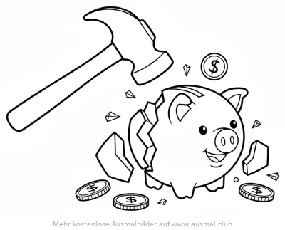Sparschwein wird mit Hammer zerschlagen Ausmalbild