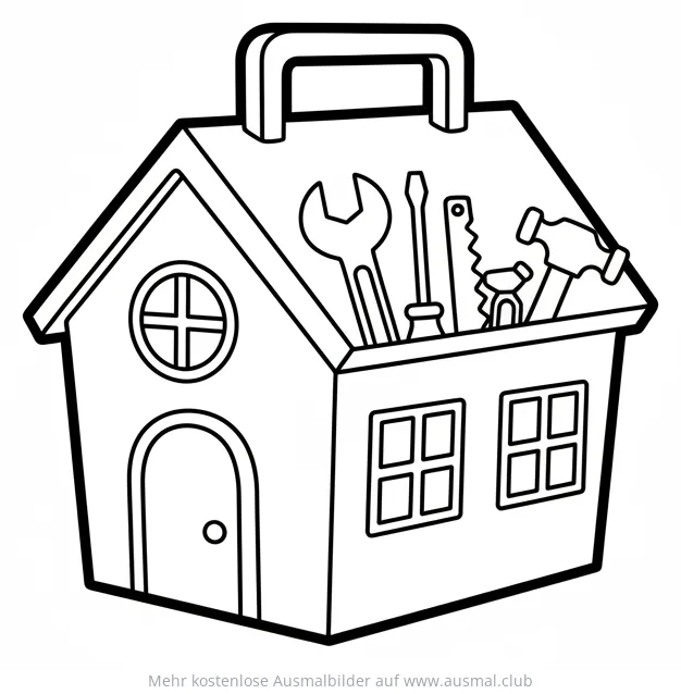 Werkzeugkiste in Hausform mit Werkzeugen Ausmalbild